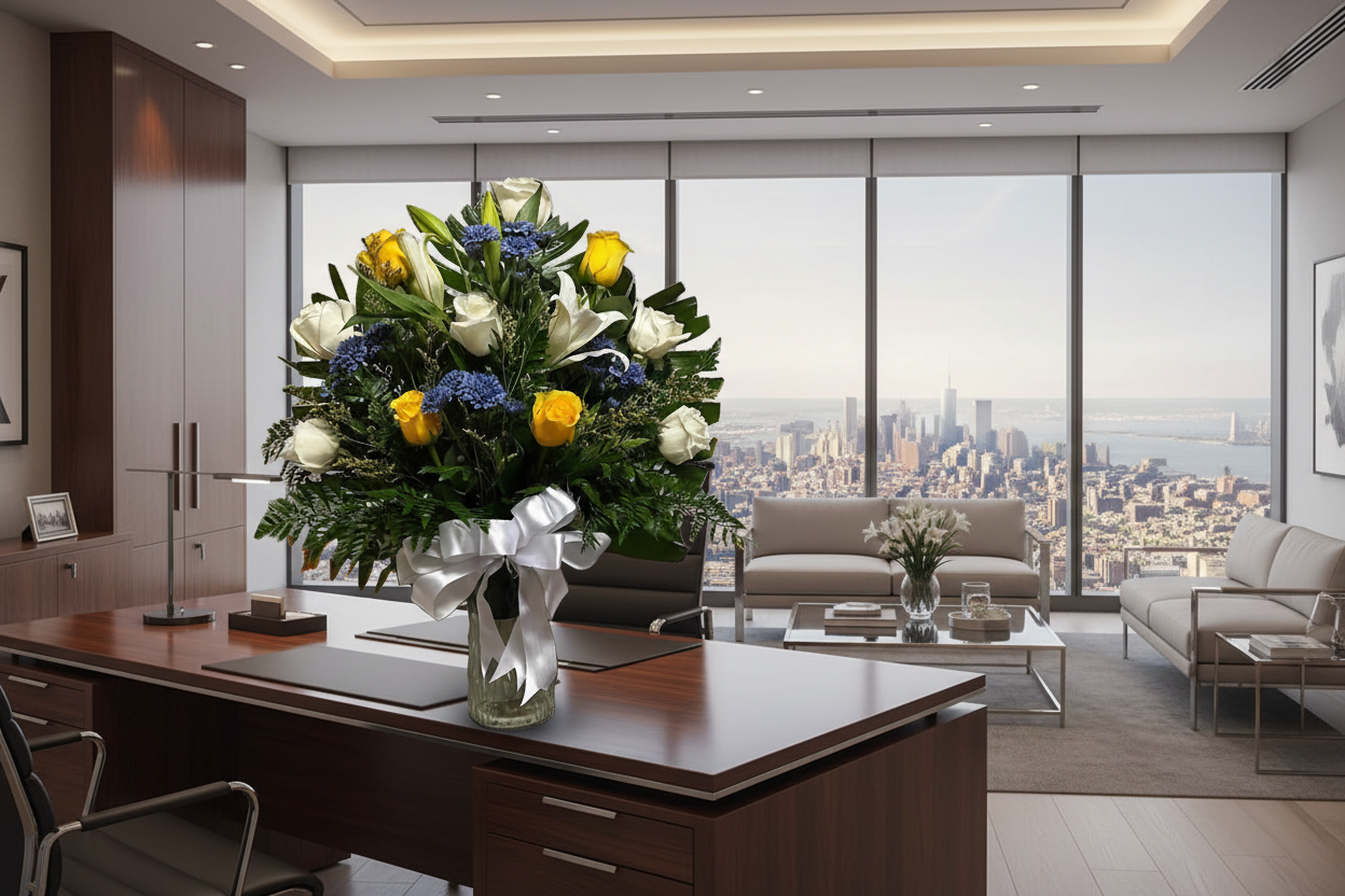 Elegant blue yellow and white flower arrangement in glass vase with satin ribbon in Houston