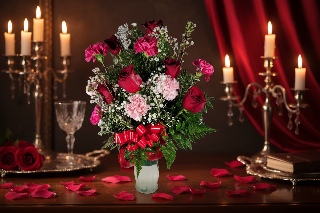 Elegant red and pink vase arrangement with roses carnations and baby breath in Houston