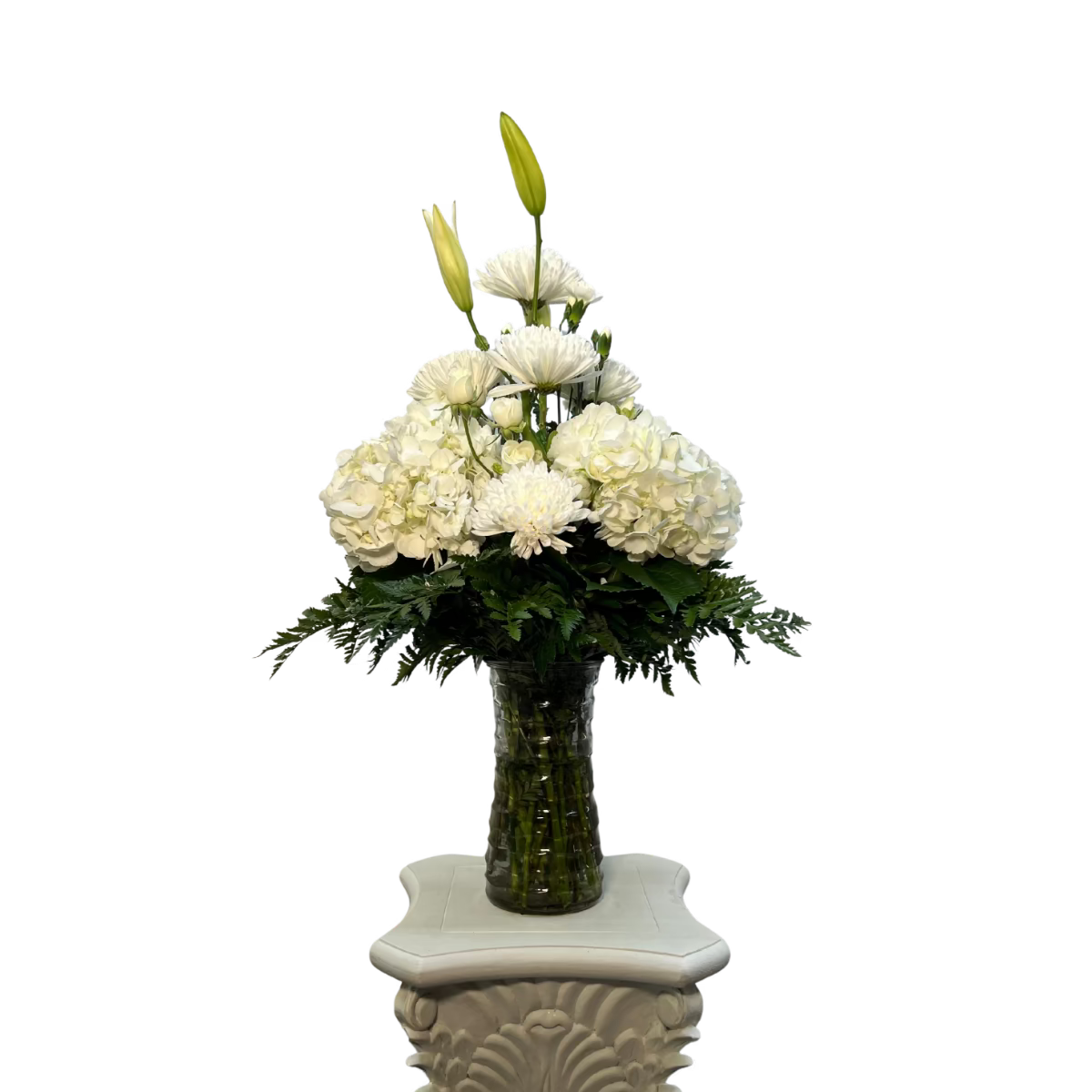 Memorial white flower arrangement with hydrangeas lilies and fresh greenery in Houston