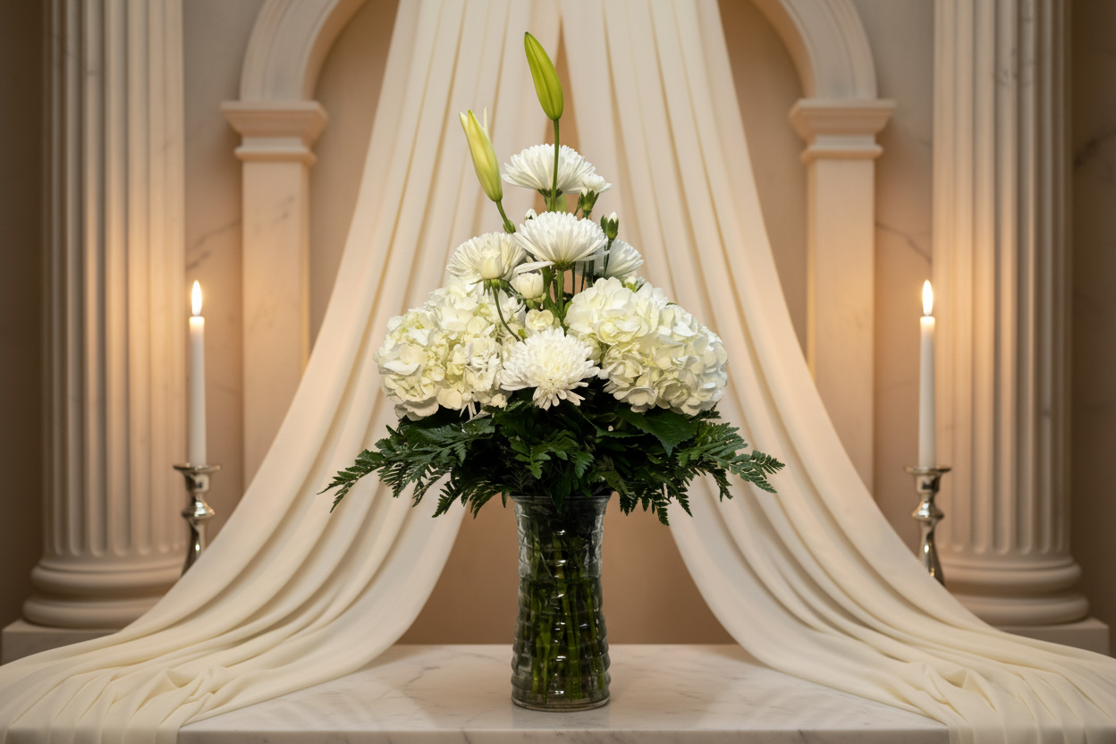 Elegant white flower vase arrangement with hydrangeas lilies and mums in Houston