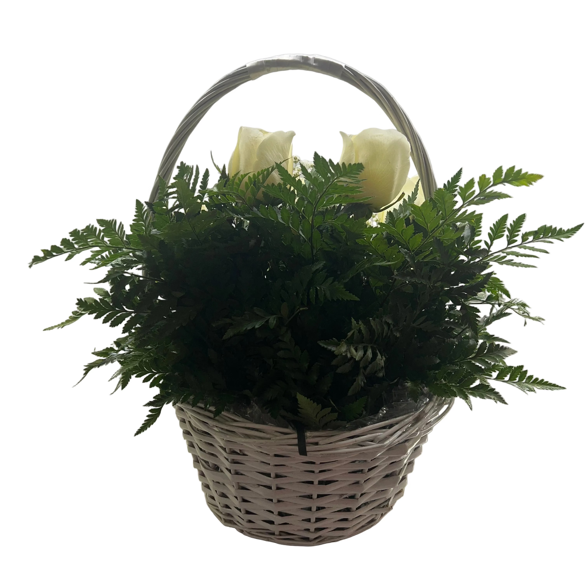 Elegant white rose basket arrangement with lush greenery for Houston flower delivery