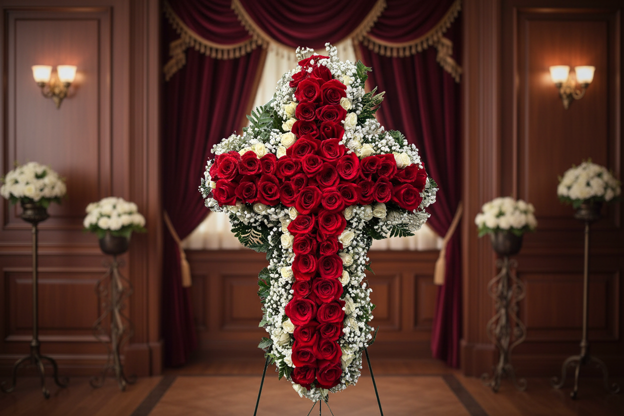 Funeral cross with red roses white roses and baby breath for Houston flower delivery