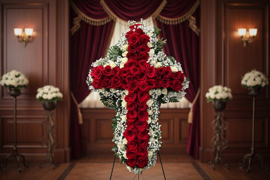 Funeral cross with red roses white roses and baby breath for Houston flower delivery