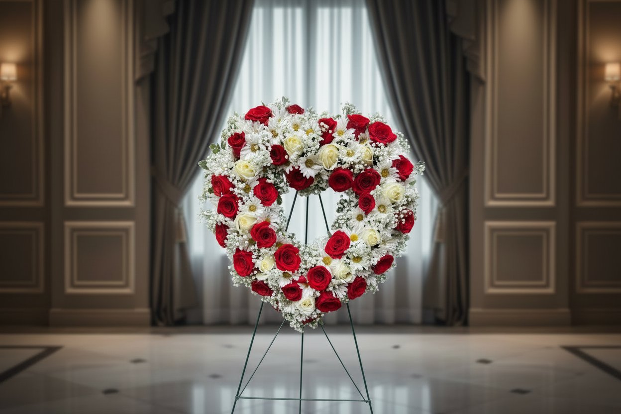 Funeral heart wreath with red roses white roses white daisies and baby breath for Houston delivery