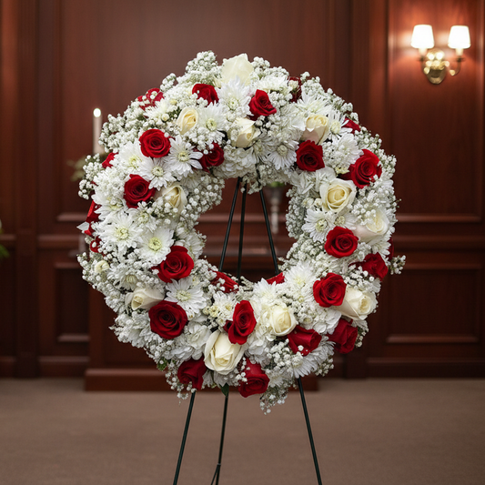Funeral wreath with red roses white roses white mums and baby breath for Houston delivery