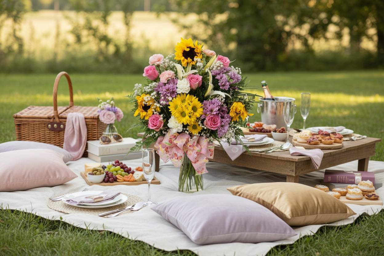 Garden party flower arrangement with pink roses lilies yellow flowers and fresh greenery for Houston flower delivery