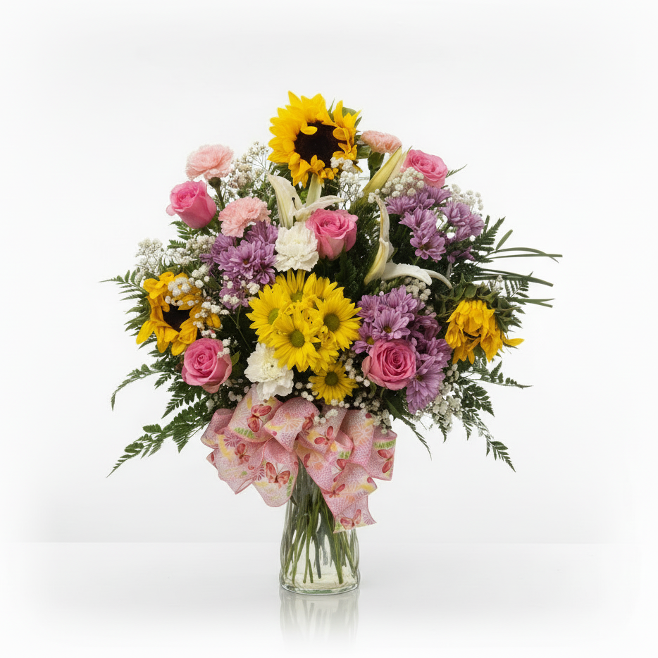 Garden Party Vase Arrangement with pink roses yellow mums lavender blooms lilies and fresh greenery by Houston florist