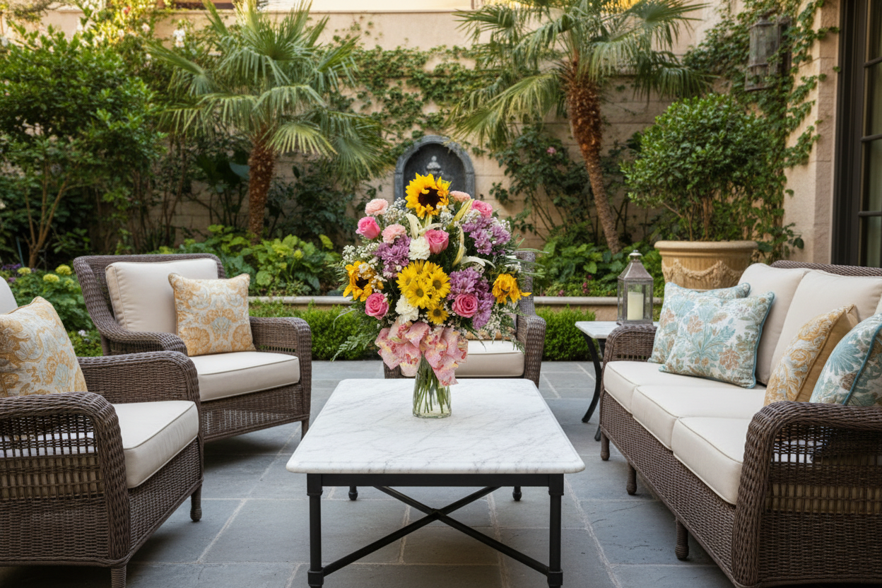 Large colorful vase arrangement with pink roses yellow mums lavender blooms and greenery in Houston