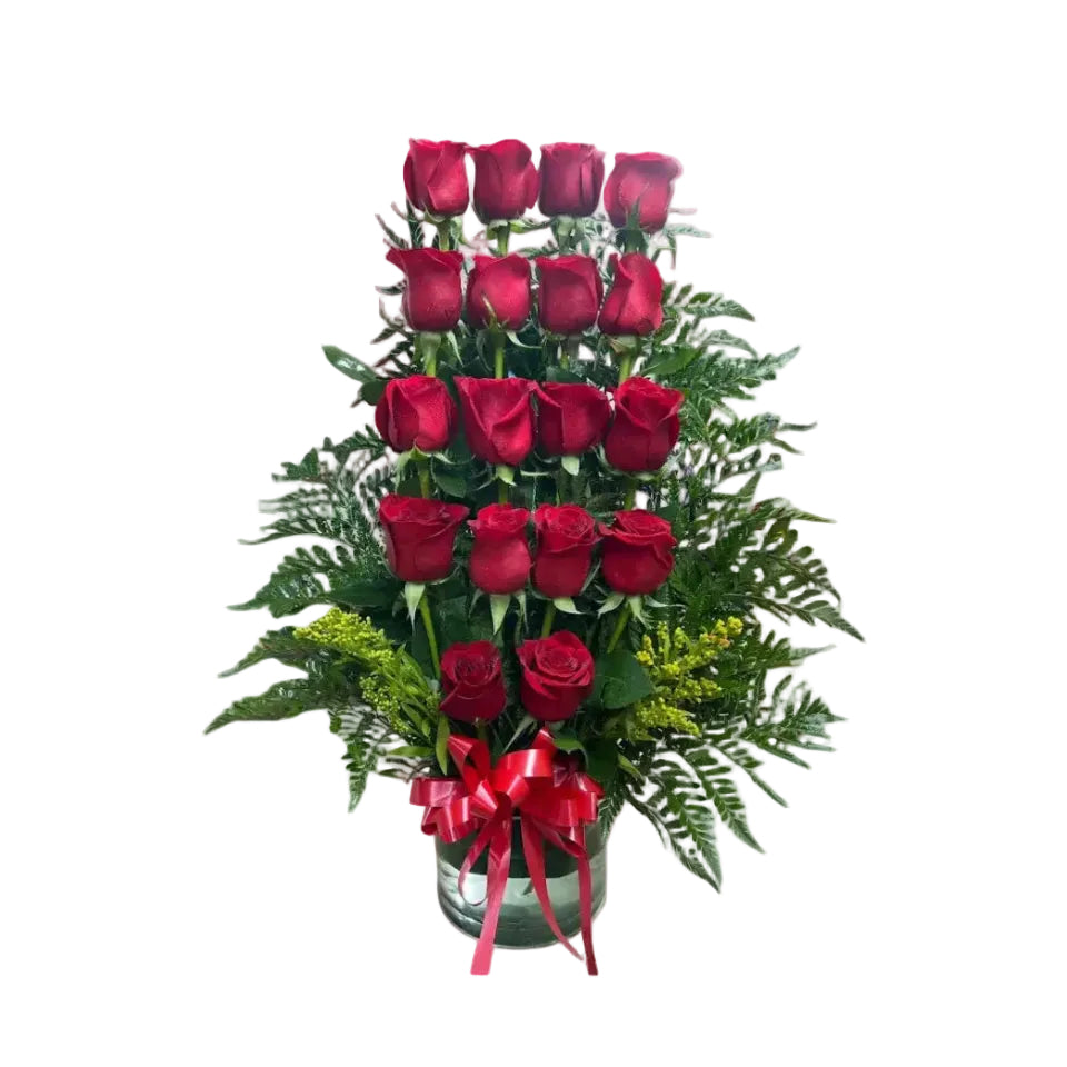 Large red rose vase arrangement with premium roses fresh greenery and satin ribbon by Houston florist