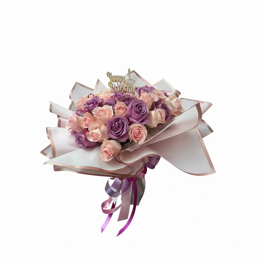 Lavender and blush birthday rose bouquet with luxury wrap and birthday topper by Houston florist
