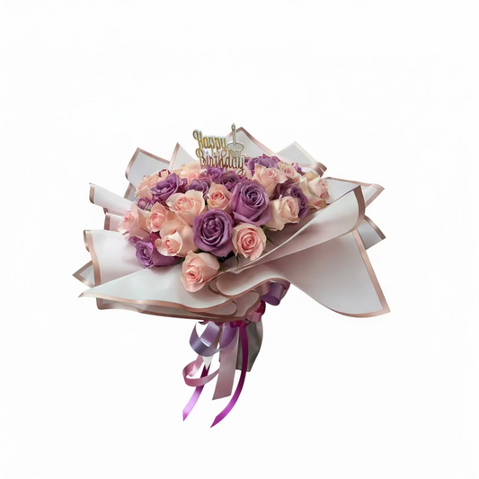 Lavender and blush birthday rose bouquet with luxury wrap and birthday topper by Houston florist