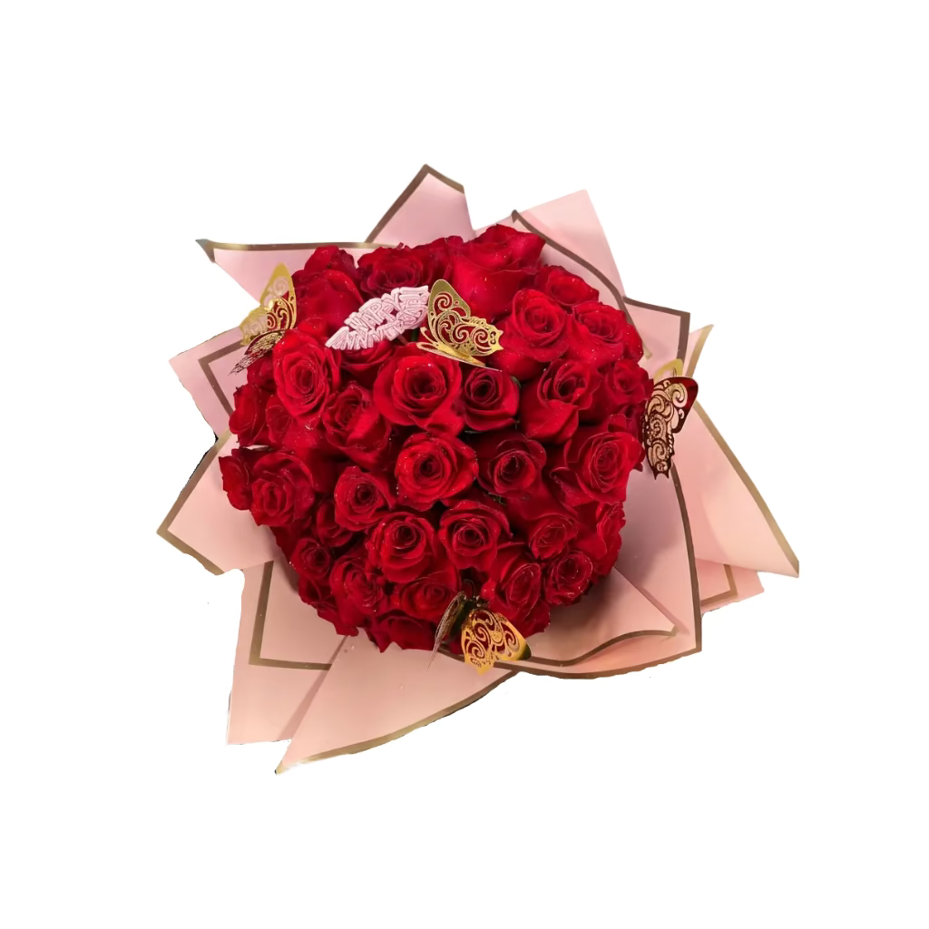 Luxury anniversary red rose bouquet with premium red roses blush wrap and butterfly accents by Houston florist
