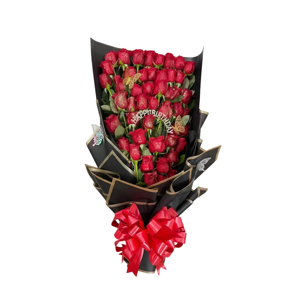 Luxury birthday red rose bouquet with black wrap and festive accents for Houston flower delivery