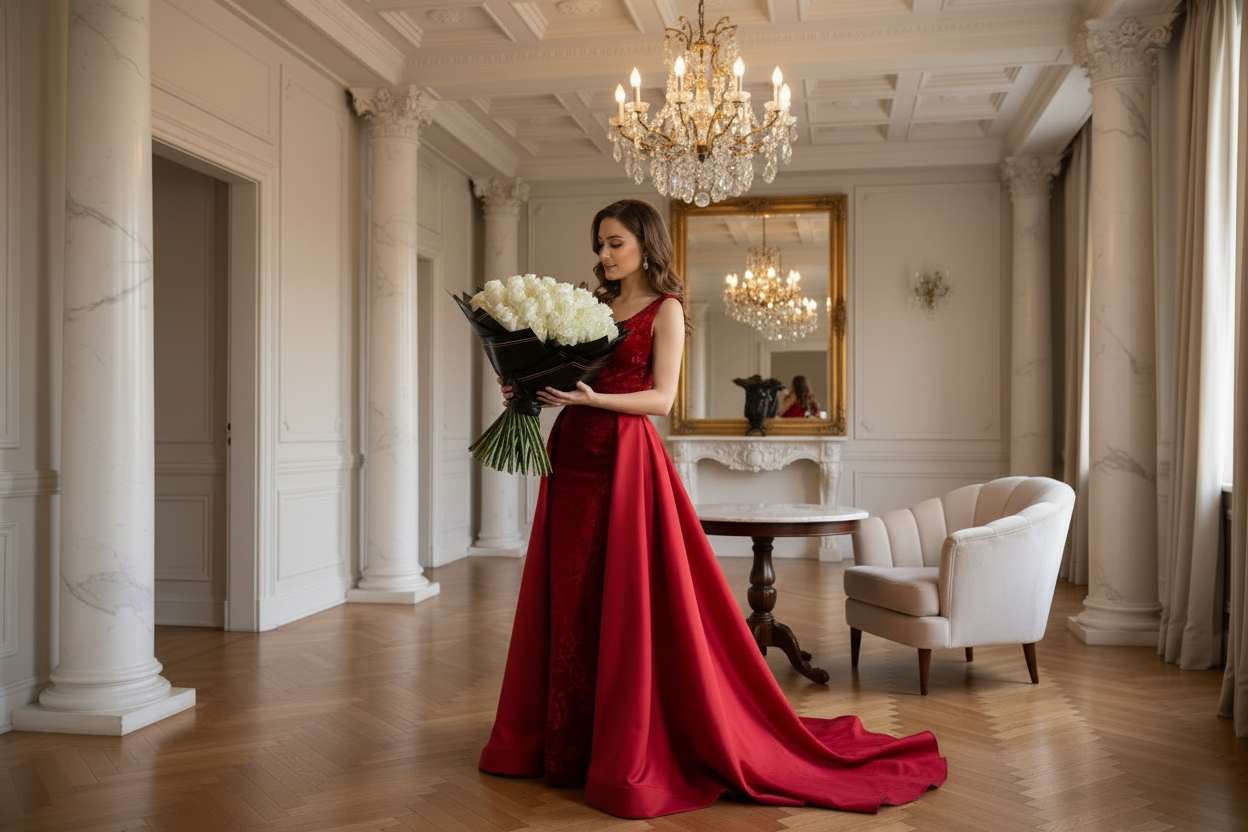 Luxury hand tied white rose bouquet with full rounded design and black wrap in Houston