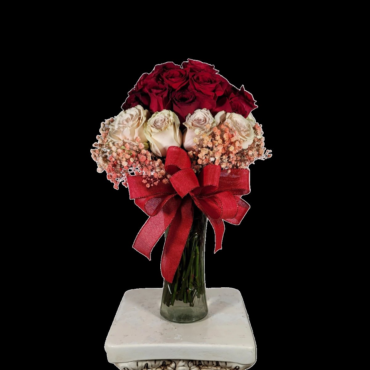 Luxury red and blush rose arrangement with tinted filler flowers and ribbon in Houston
