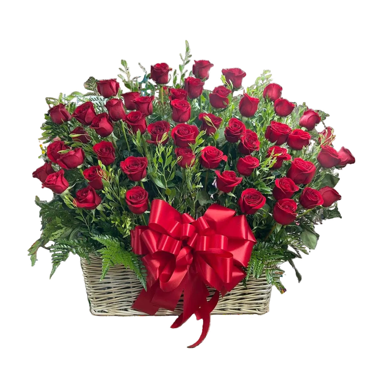 Luxury red rose basket arrangement with lush greenery and large red satin bow by Houston florist