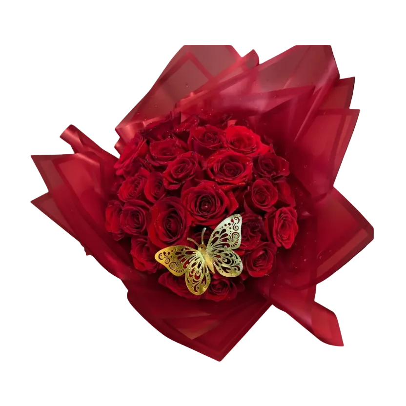 Luxury red rose bouquet with premium red roses elegant wrap and butterfly accent by Houston florist