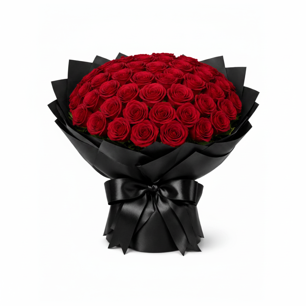 Luxury red rose ramo buchón bouquet with black wrap for same-day flower delivery in Houston