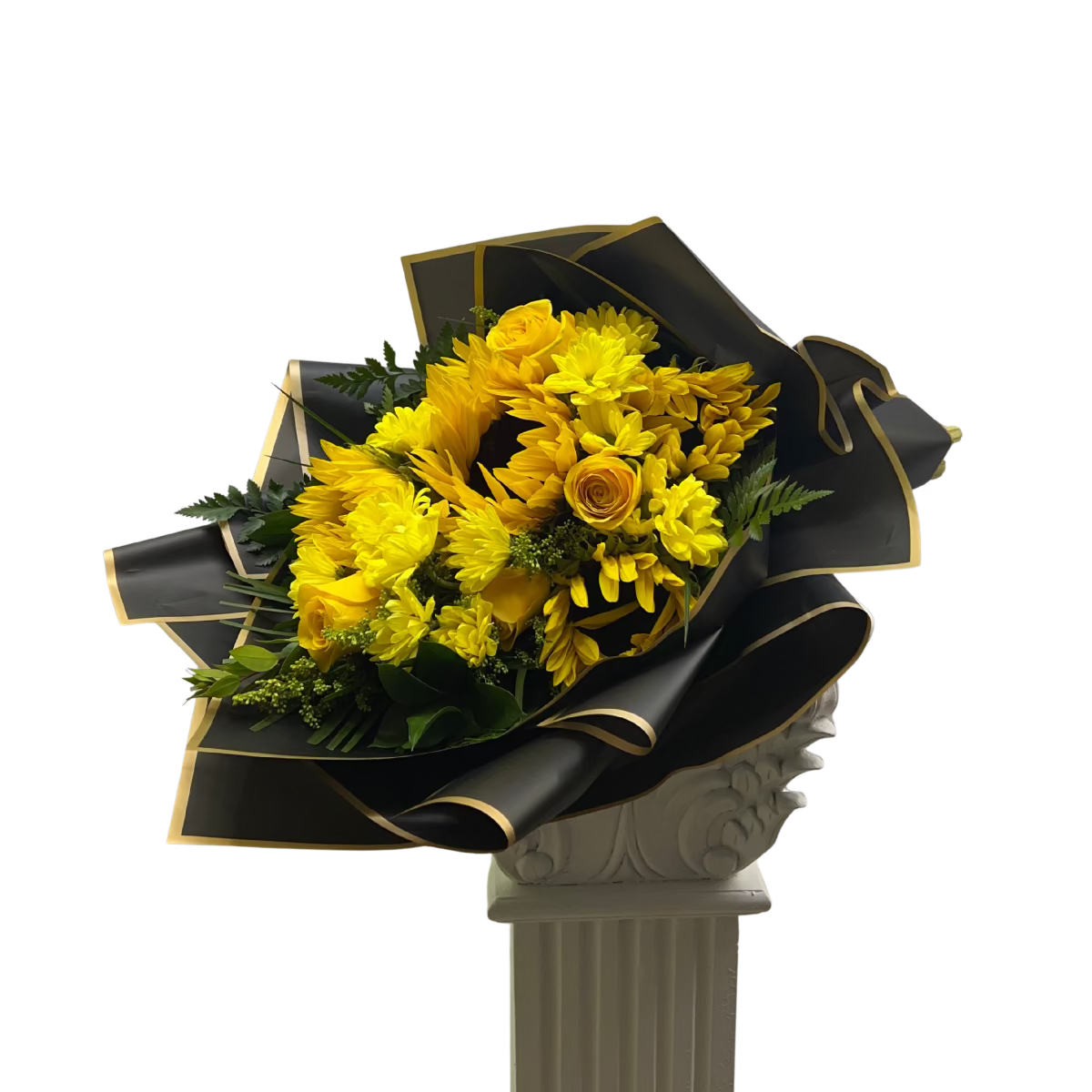 Luxury yellow wrapped bouquet with roses and mums for same-day flower delivery in Houston