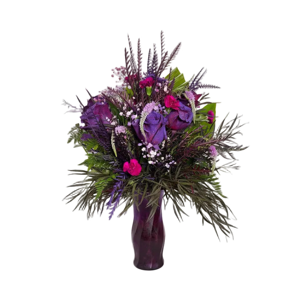 Midnight Plum Vase Arrangement with purple roses carnations textured blooms and moody foliage by Houston florist