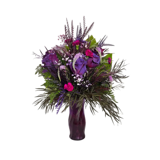Midnight Plum Vase Arrangement with purple roses carnations textured blooms and moody foliage by Houston florist