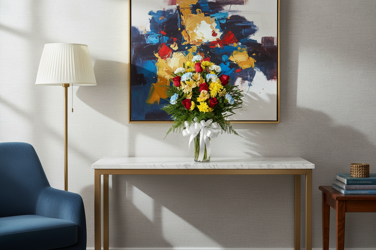 Multi color flower vase arrangement with roses carnations mums and alstroemeria for Houston flower delivery