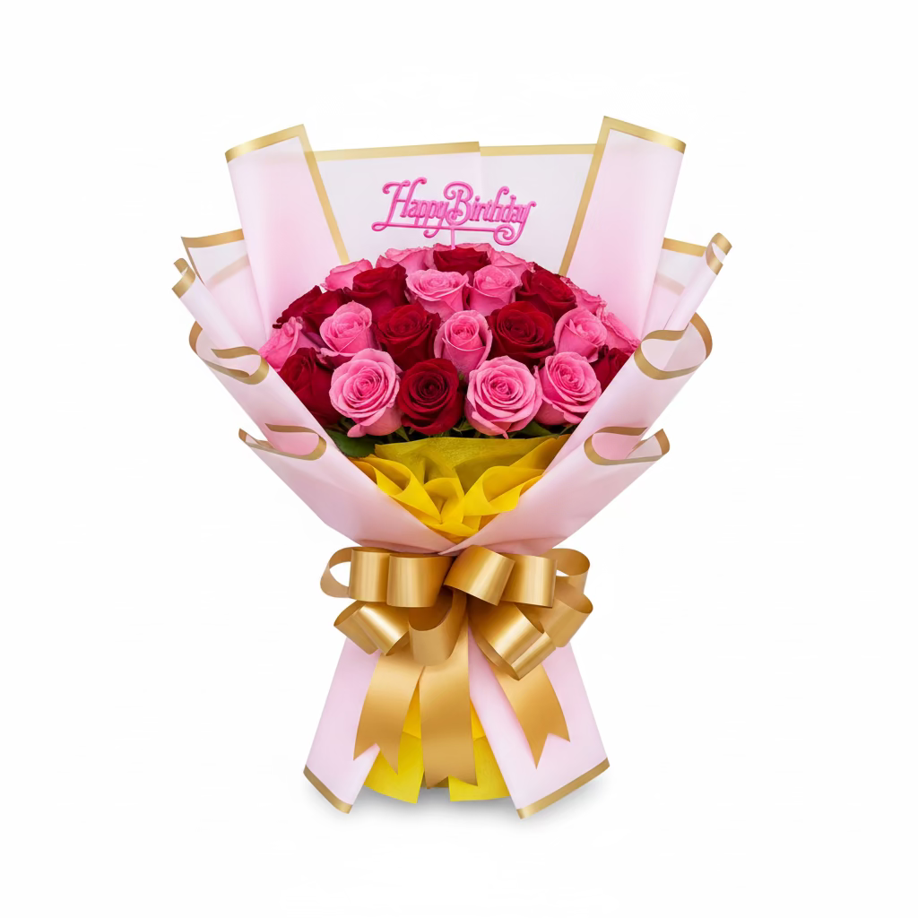 Pink and red birthday rose bouquet with blush wrap and birthday topper by Houston florist