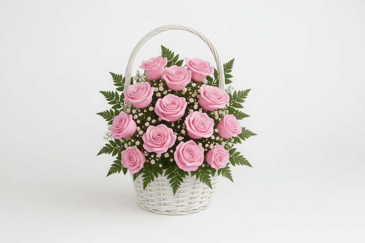 Pink rose basket arrangement with lush greenery and satin bow by Houston florist