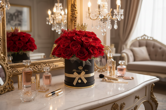 Premium red rose box arrangement with crown topper and black hat box for Houston flower delivery