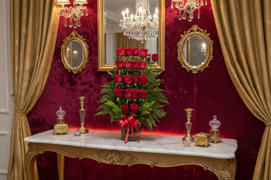 Premium red rose vase arrangement with tall rose design for Houston flower delivery