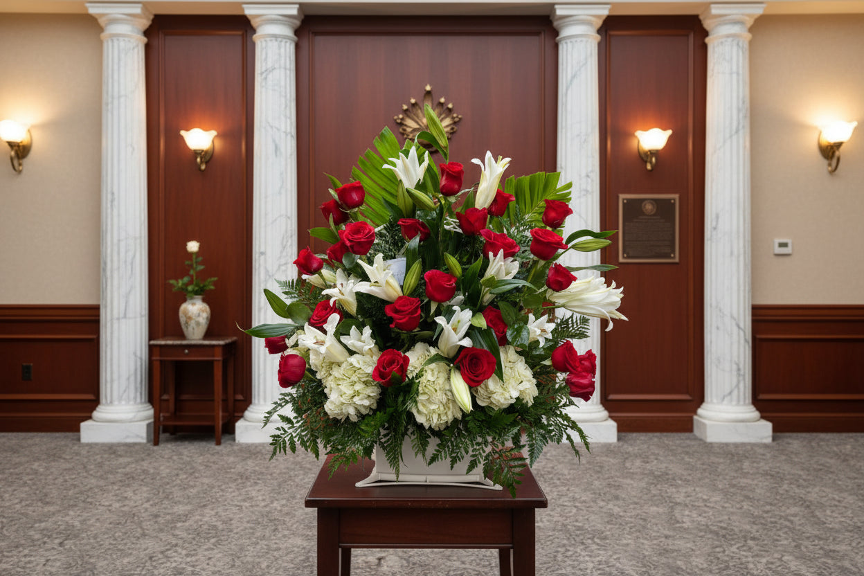 Premium red and white sympathy basket with roses lilies hydrangeas and lush greenery in Houston