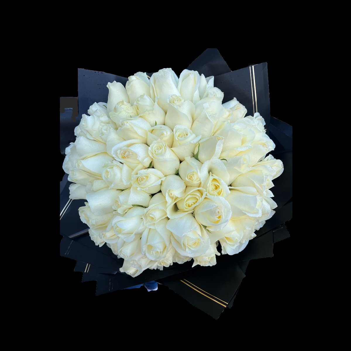 Premium white roses bouquet in modern black paper wrap in Houston