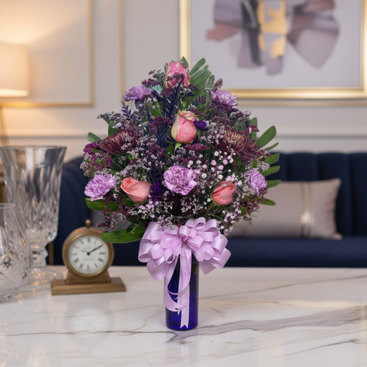 Purple and pink flower arrangement with roses carnations and textured filler flowers for Houston flower delivery