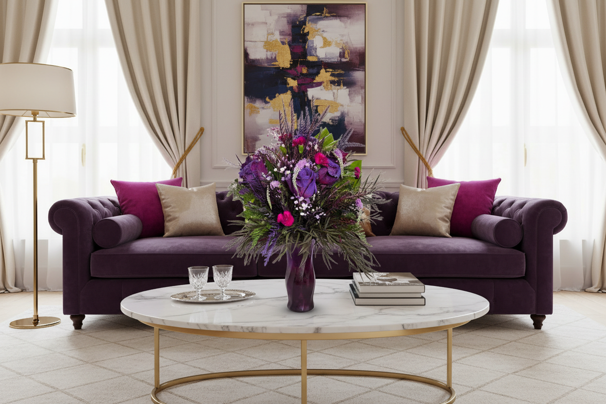 Purple rose vase arrangement with textured accent flowers and deep foliage for Houston flower delivery