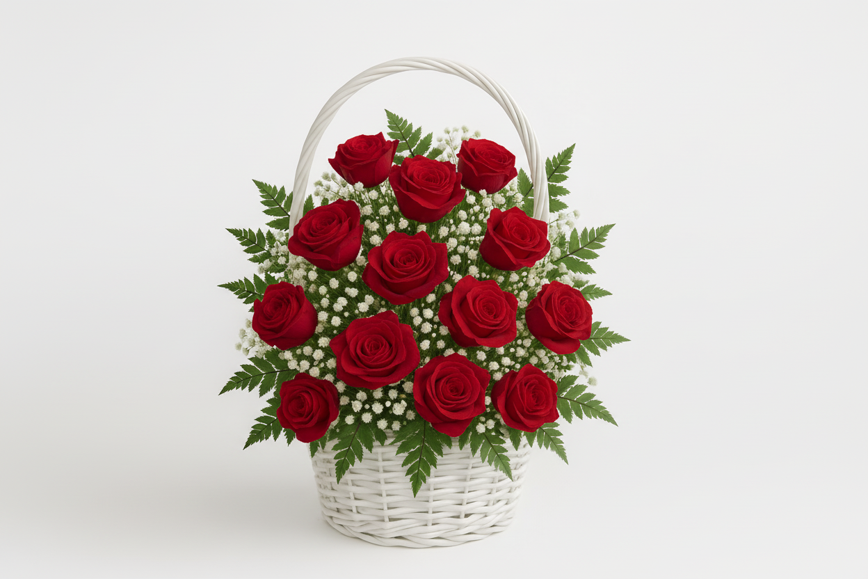 Red rose basket arrangement with fresh greenery and ribbon for Houston flower delivery