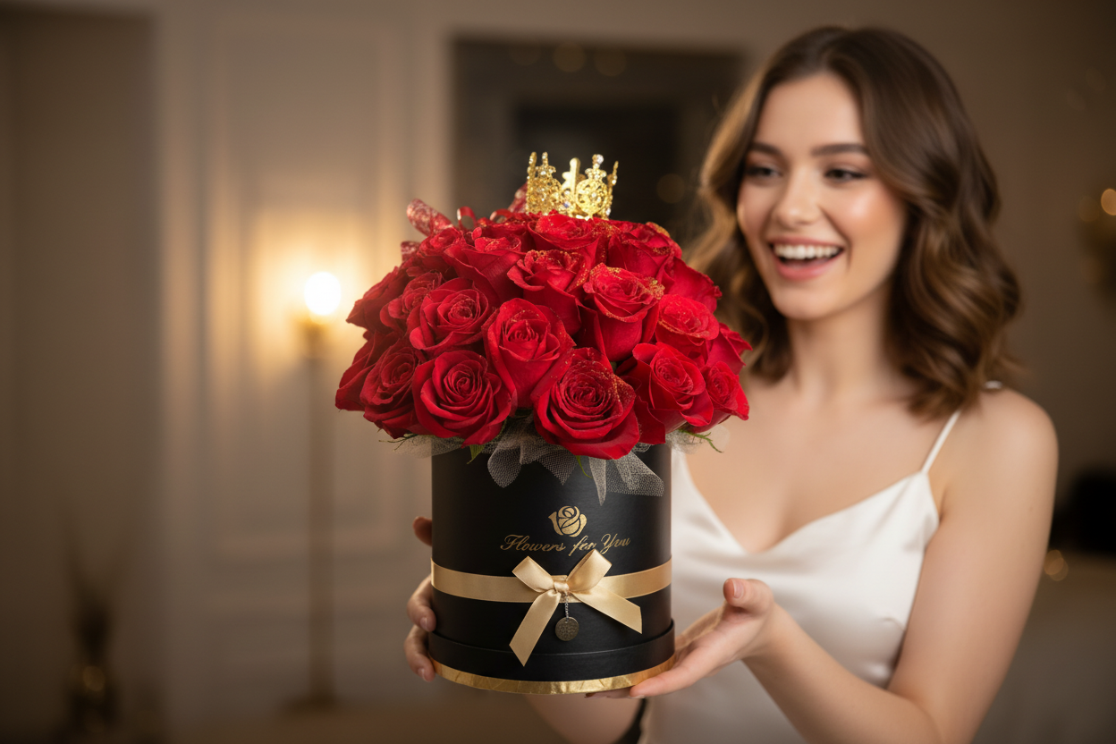 Red rose hat box arrangement with luxury black box and decorative crown in Houston