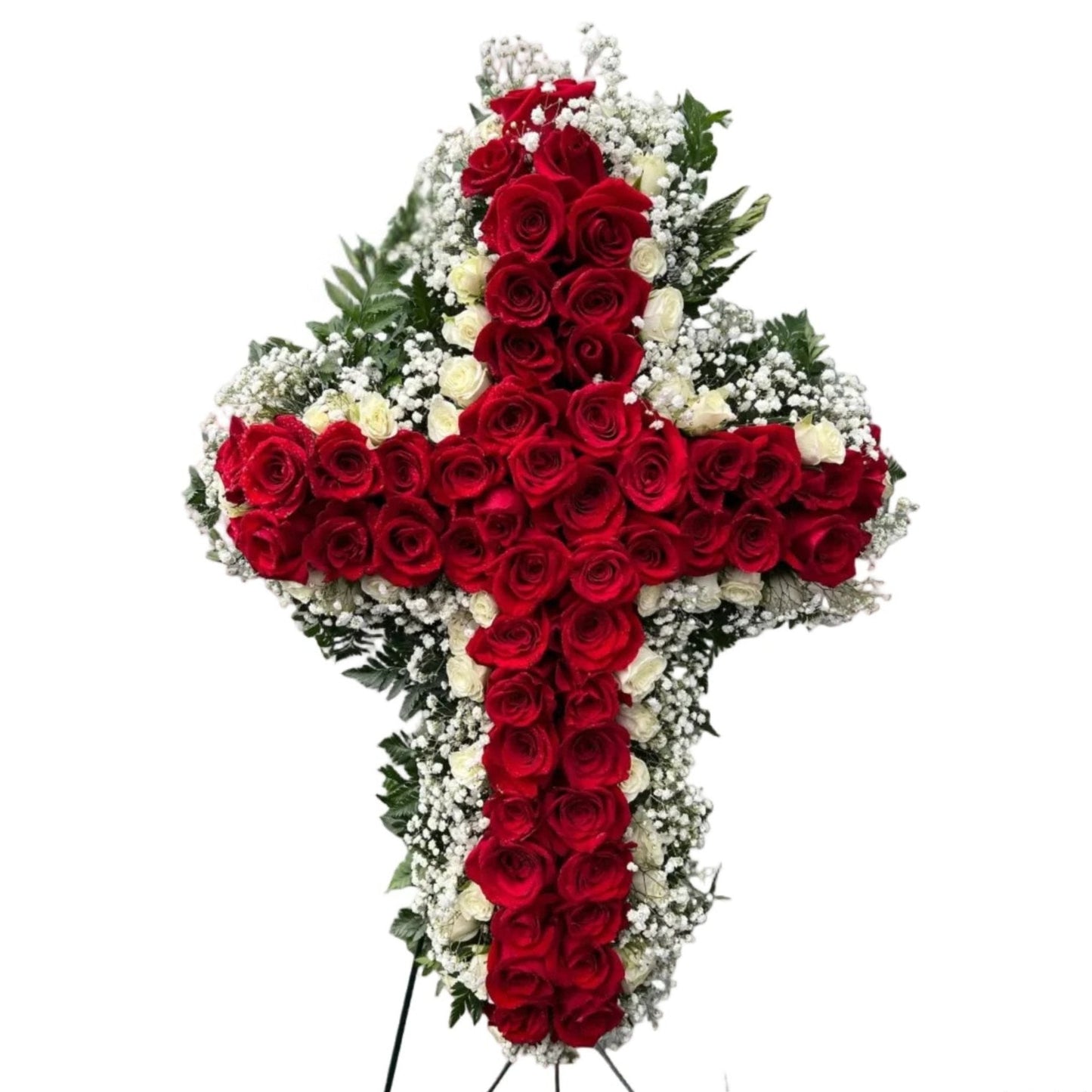 Red rose sympathy cross with white roses baby breath and fresh greenery by Houston florist