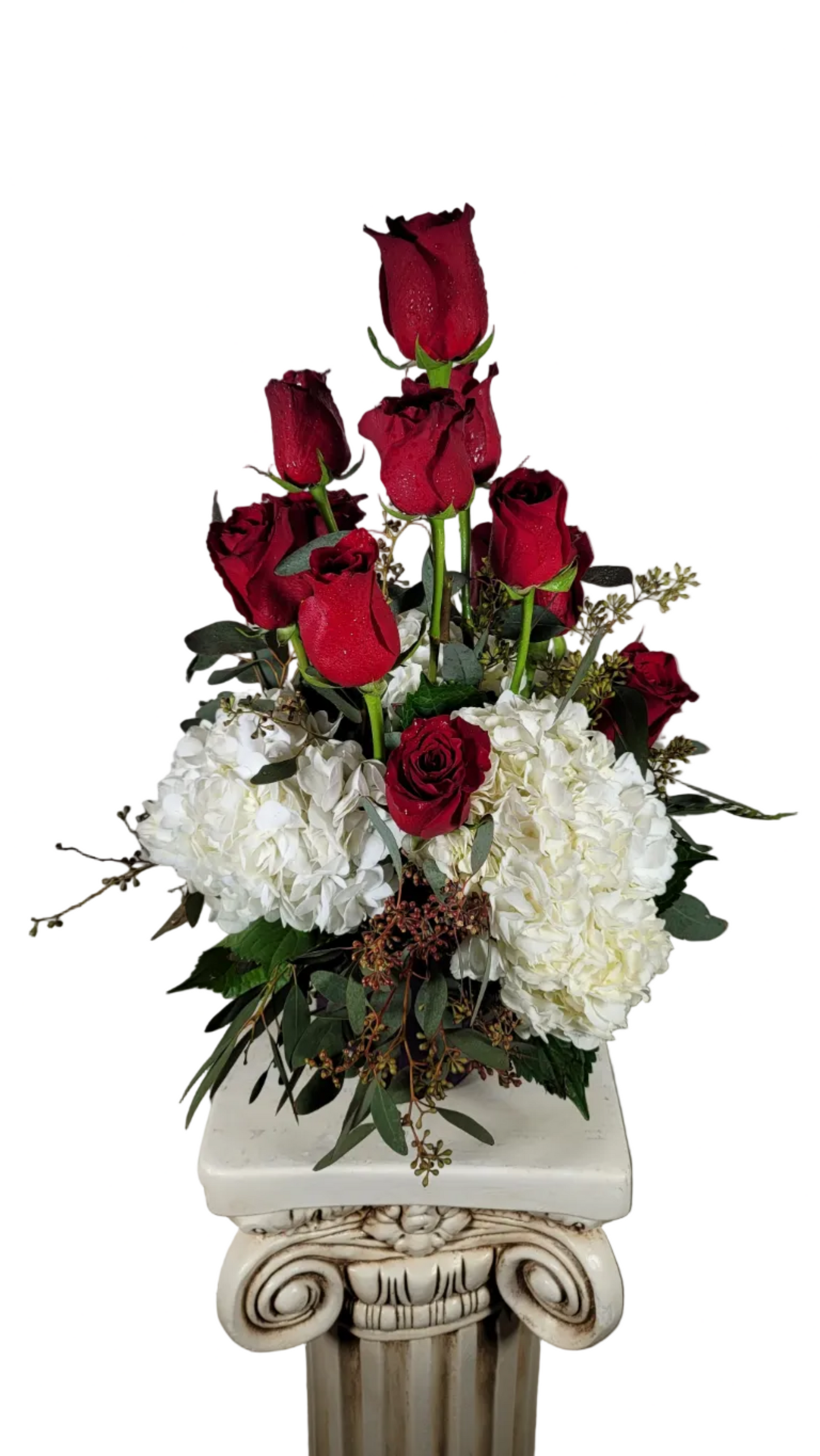 Red Rose & White Hydrangea Arrangement