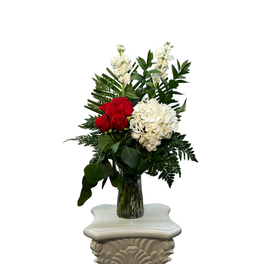 Red Rose & White Hydrangea Vase Arrangement