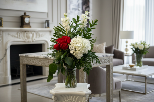 Red Rose & White Hydrangea Vase Arrangement