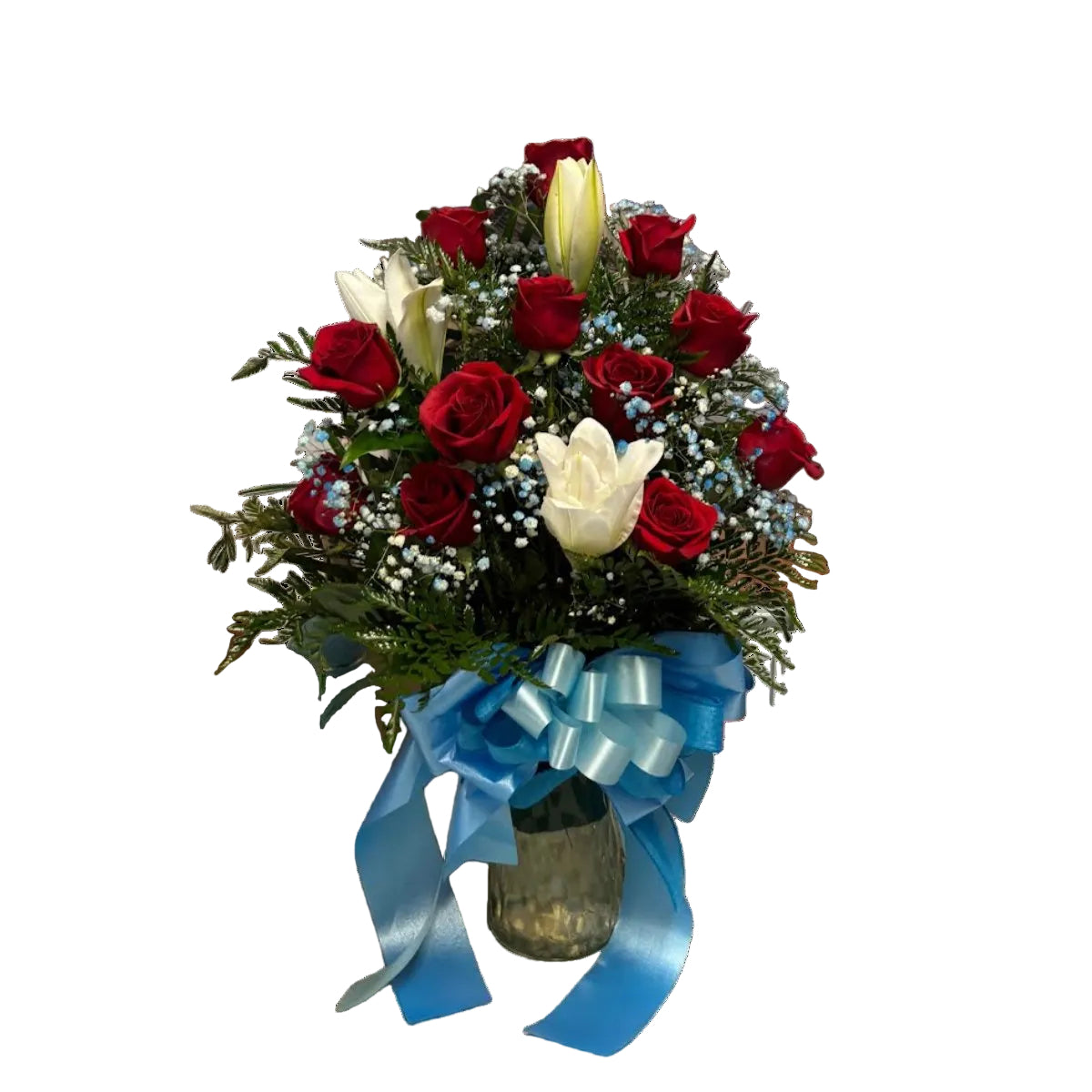 Red rose and white lily vase arrangement with blue accent filler flowers and ribbon by Houston florist