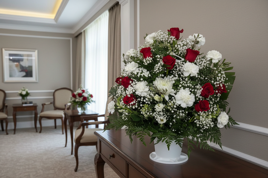 Red and white funeral basket arrangement with roses carnations and greenery in Houston