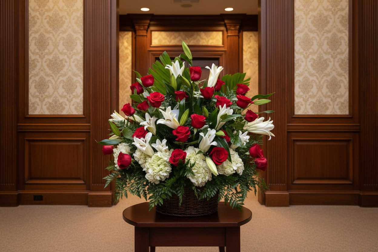 Red and white funeral basket arrangement with roses lilies hydrangeas and palm accents in Houston