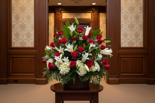 Red and white funeral basket arrangement with roses lilies hydrangeas and palm accents in Houston