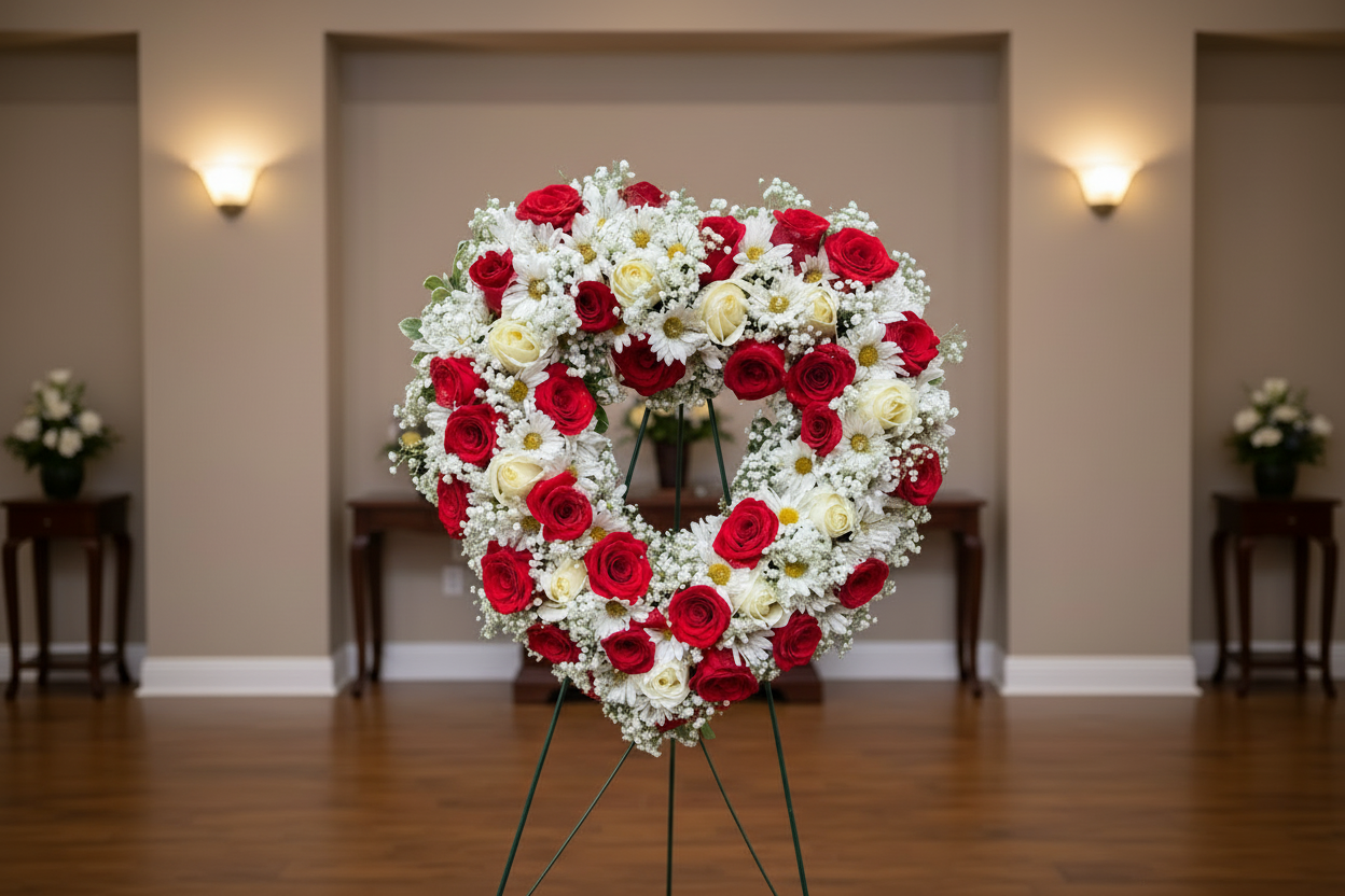 Red and white funeral heart wreath with roses daisies and fresh greenery on easel stand in Houston
