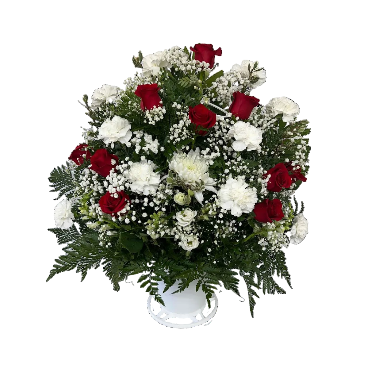 Red and white sympathy basket with red roses white carnations baby breath and fresh greenery by Houston florist