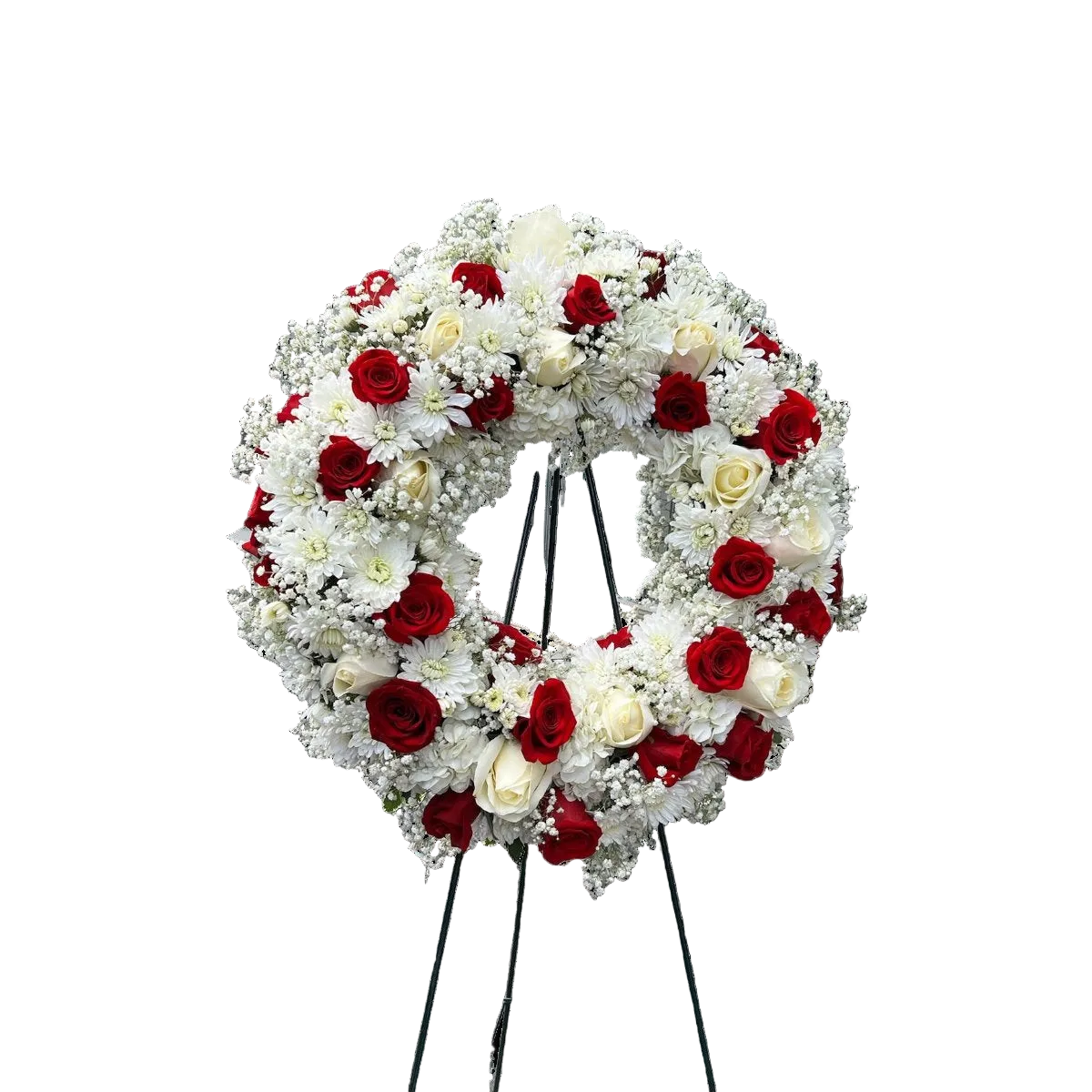 Red and white sympathy wreath with roses white mums baby breath and fresh greenery by Houston florist