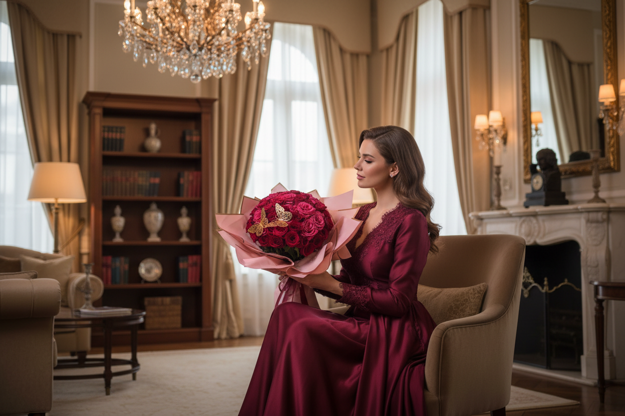 Romantic red and pink hand tied rose bouquet with premium wrap in Houston