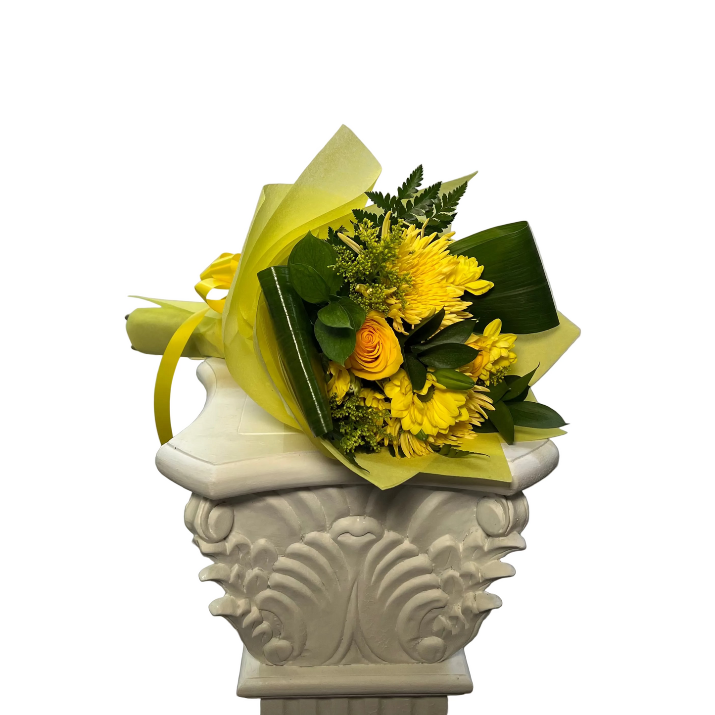 Small yellow rose and mum bouquet from a Houston flower shop