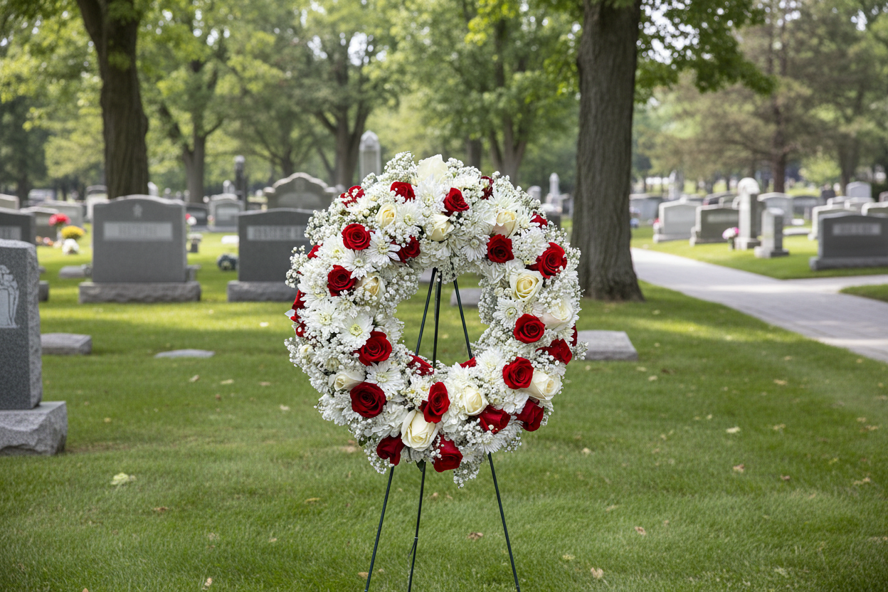 Standing red and white sympathy wreath with roses white flowers and baby breath in Houston